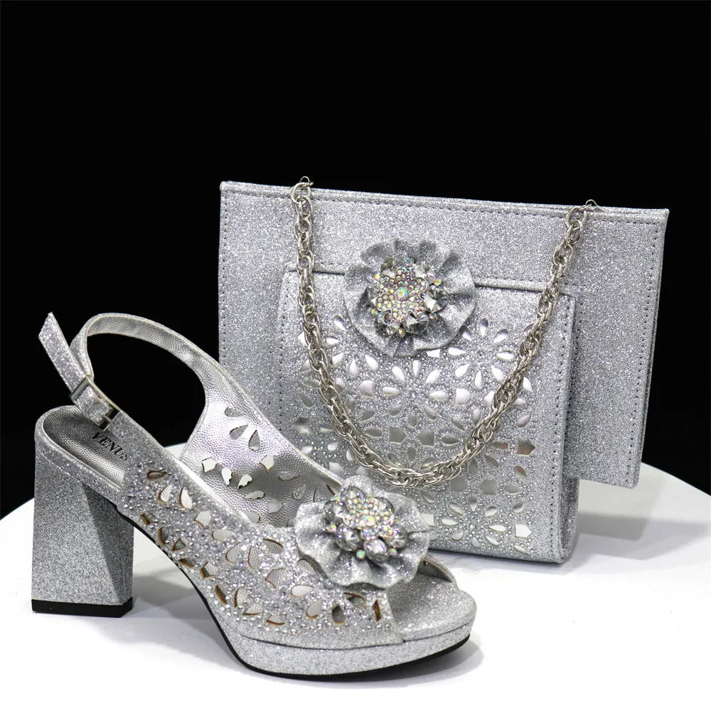 Latest Maxy Shoes and Bags To Match Shoes with Bag Set Women Shoes with Bag Decorated with Rhinestone Shoes and Bag Set