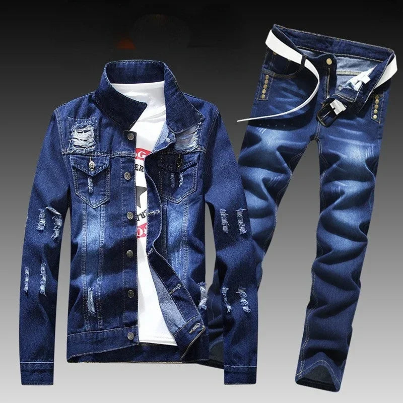 Maxy 2024 Men's Sets Casual Denim Coat with Long Pants A Suit Korean Version of The Trend Handsome Jacket Men's Waistcoat 4-piece set