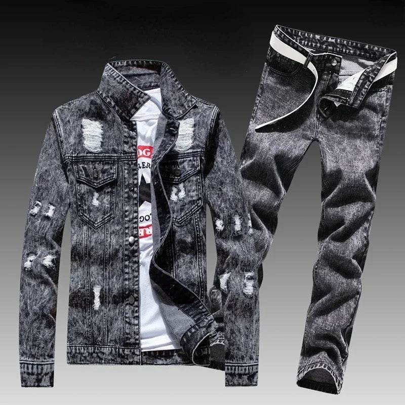 Maxy 2024 Men's Sets Casual Denim Coat with Long Pants A Suit Korean Version of The Trend Handsome Jacket Men's Waistcoat 4-piece set