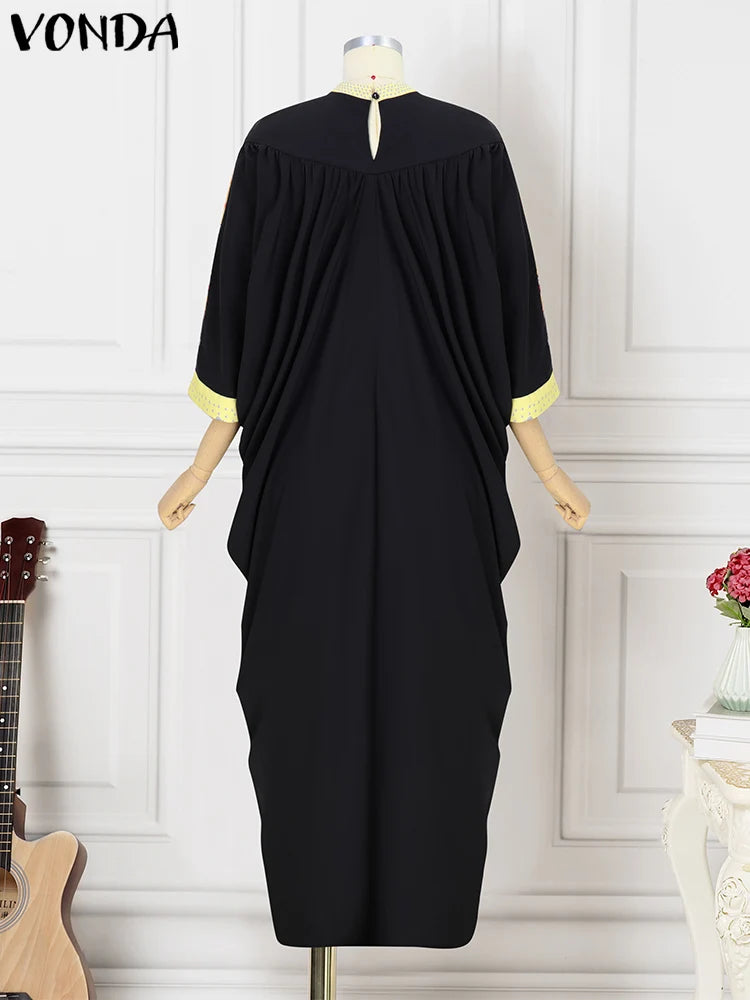Maxy Women Dress Bohemian Printing Sundress Elegant Robe Vintage 3/4 Sleeve Stand Collar Holiday Oversized