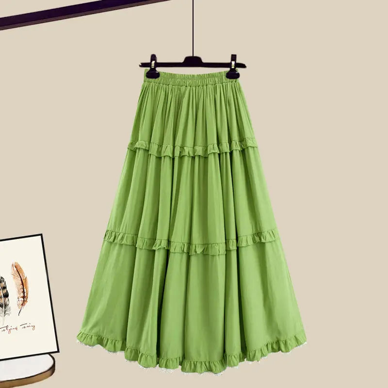 Maxy Summer New French Elegant Women's Dress Set Bubble Sleeve Pleated Chiffon Shirt Top Lace Pleated Princess Skirt Two Piece Set