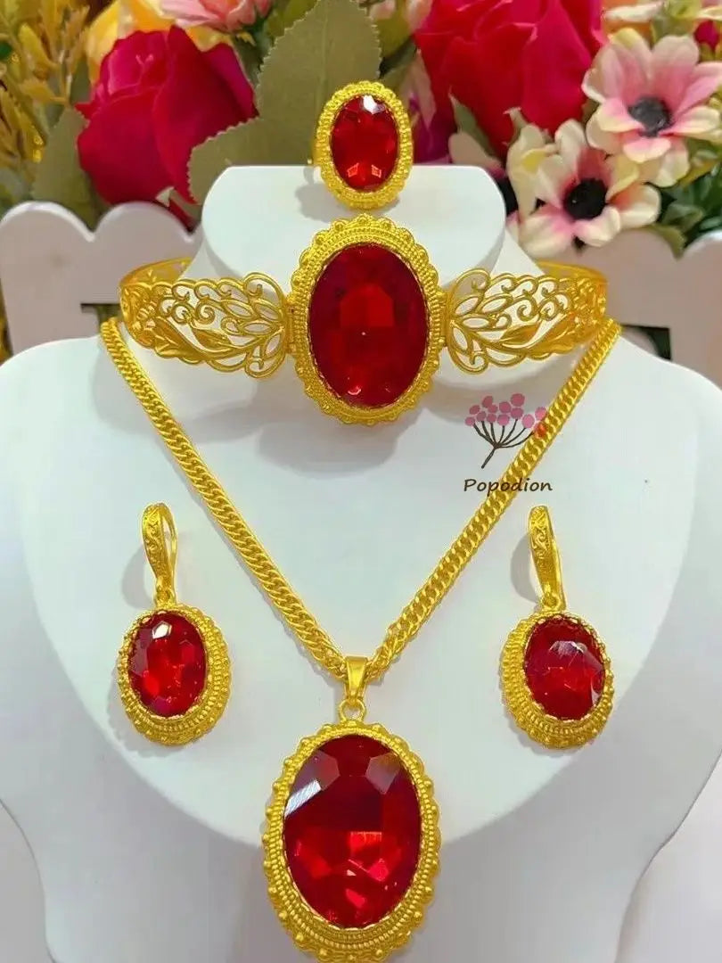 Maxy Prosodion Dubai New 24K Gold Plated Wedding Necklace Earrings Ring Bracelets Wedding Jewelry Set for Women DD10336