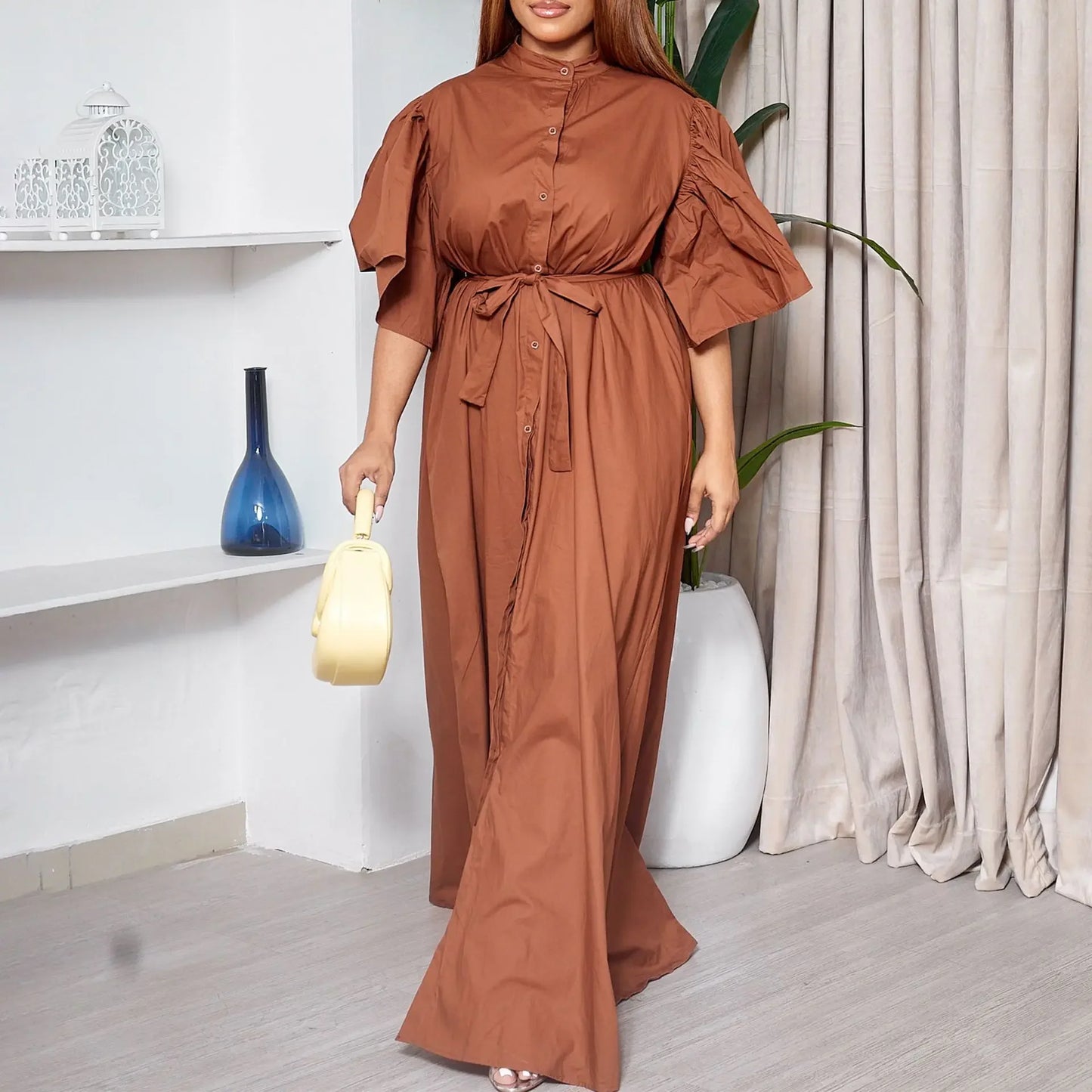 Maxy Elegant Dresses for Women Bow Collar Full Sleeve High Waisted A Line Mid Calf Luxury Female Birthday Party Dinner Vestidos Mujer