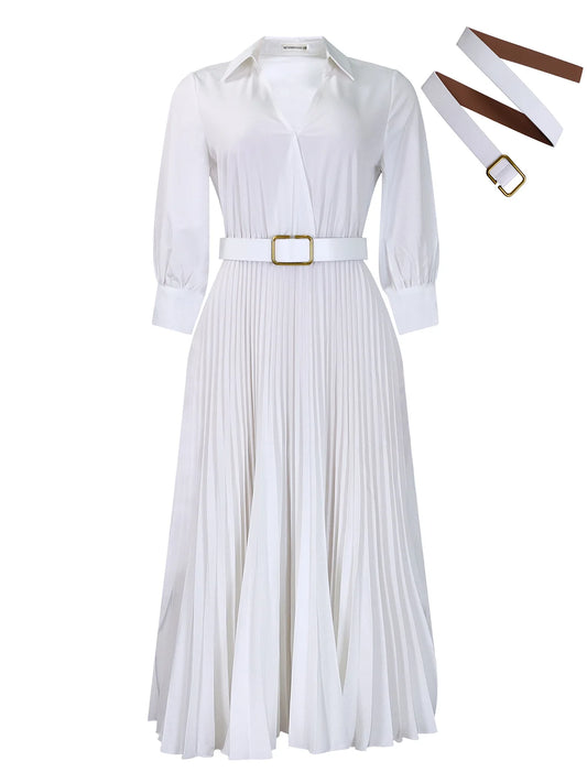 Gaxy Women's Mid-length Dress With V-neck Solid Color Large Size Dress With Belt Slim-fit Pleated High-waisted Umbrella Dress