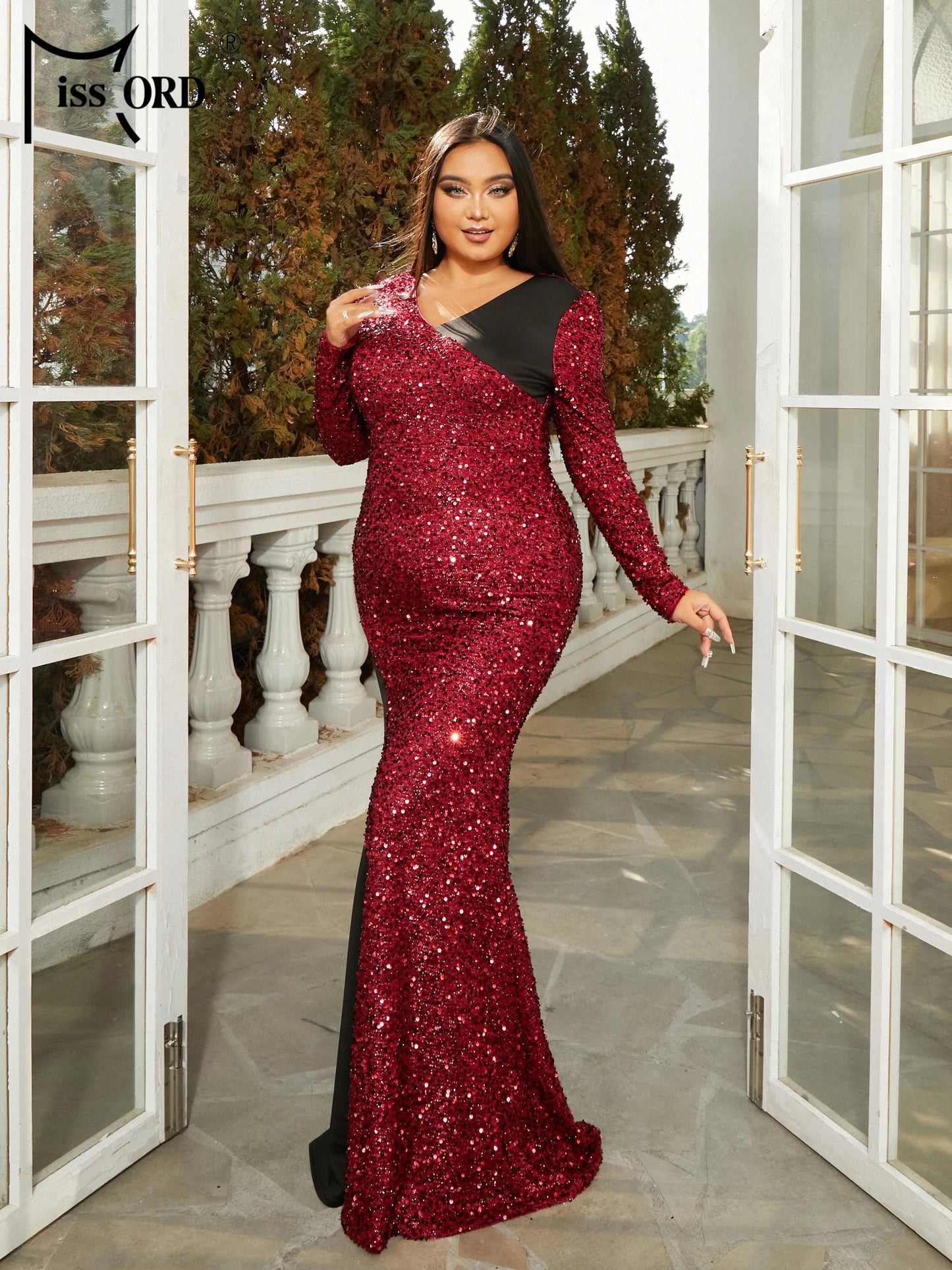Momsey New Plus Size V-Neck Long Sleeved Panel Sequin Mermaid Evening Prom Wedding Birthday Party Dress