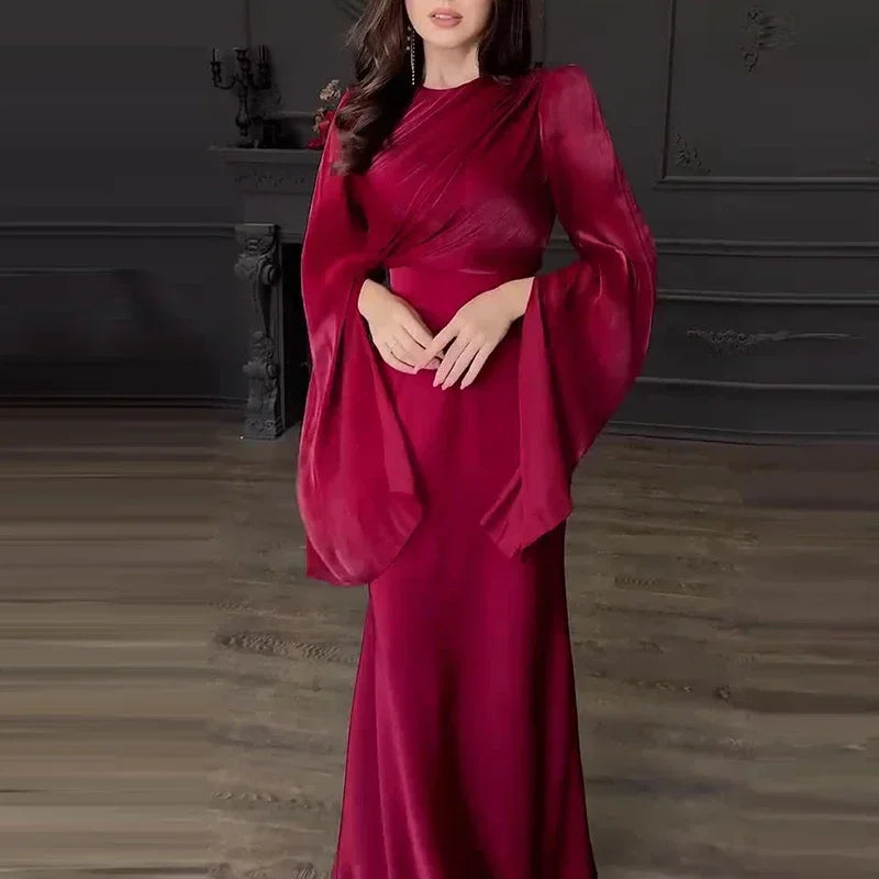 Amay Vintage High Waisted Women Satin Long Dress New Ladies Temperament Crew Collar Dresses Elegant Slim Long Sleeve Banquet Dresses