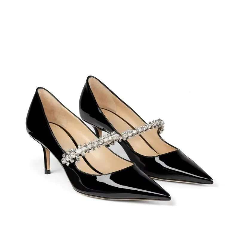 ViscoBright Black Single Shoes with Rhinestones Low Heels Patent Leather Women Dress Shoes Pointed Toe Stilettos with Ankle Strap