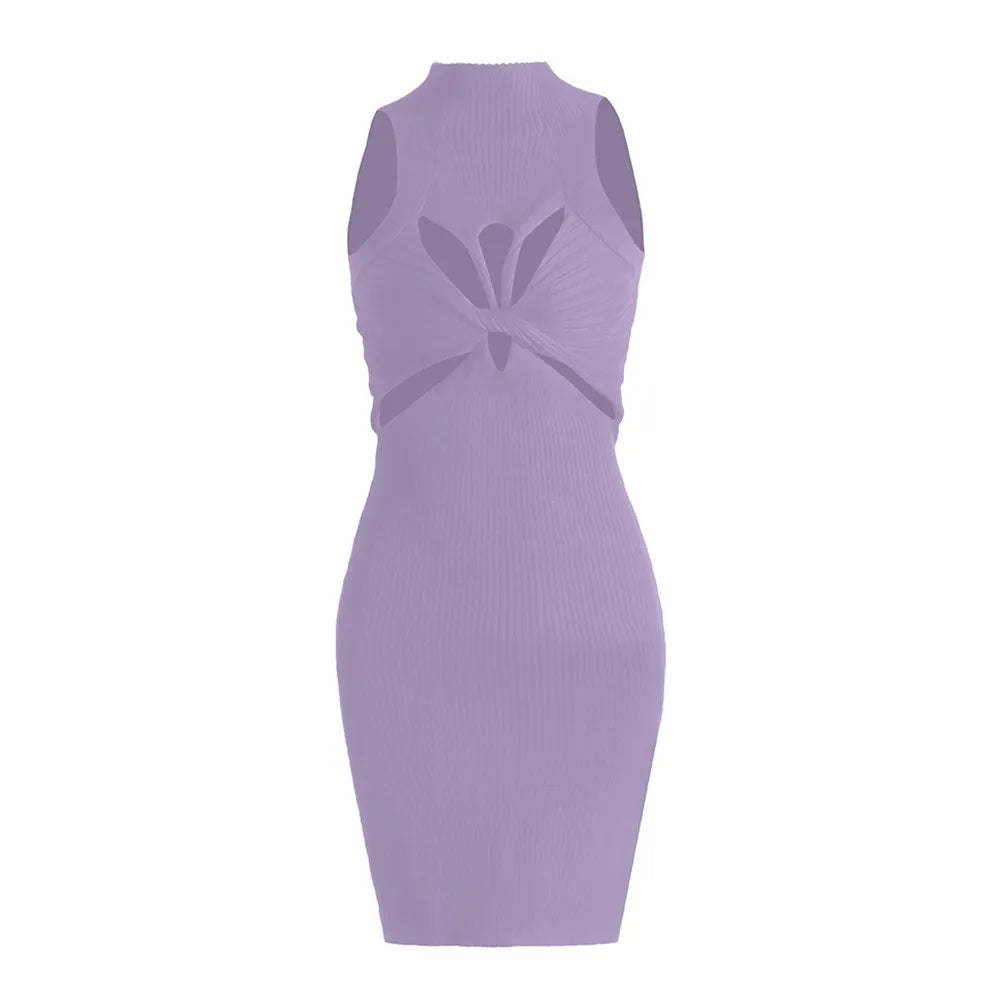 Maxy TWOTWINSTYLE Knitting Hollow Out Dresses For Women Stand Collar Sleeveless High Waist Temperament Slimming Dress Female Clothing