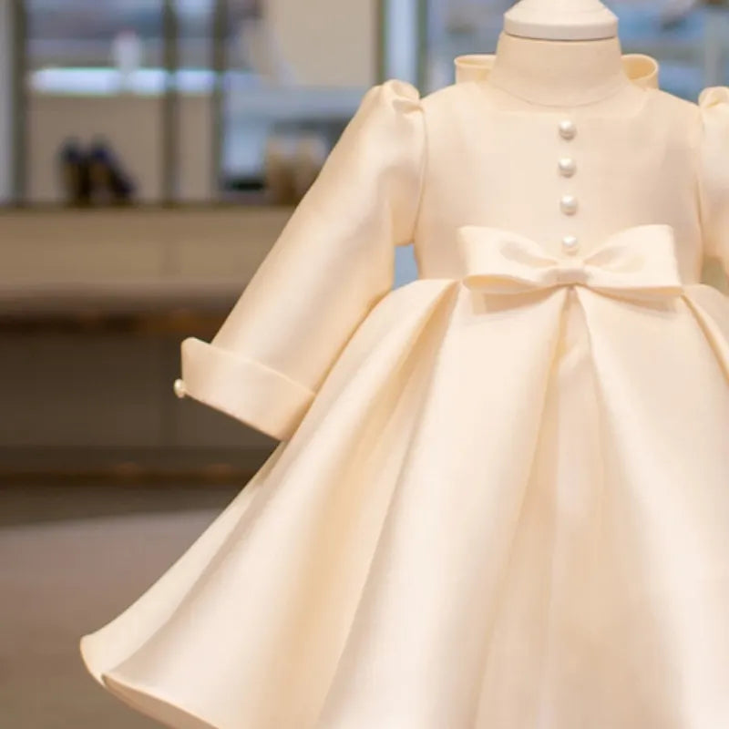 Maxy Newborn Girl Princess Bow Button Dress Long Sleeve Infant Toddler Child Vestido Wedding Party Birthday Baby Clothes 12M-10Y