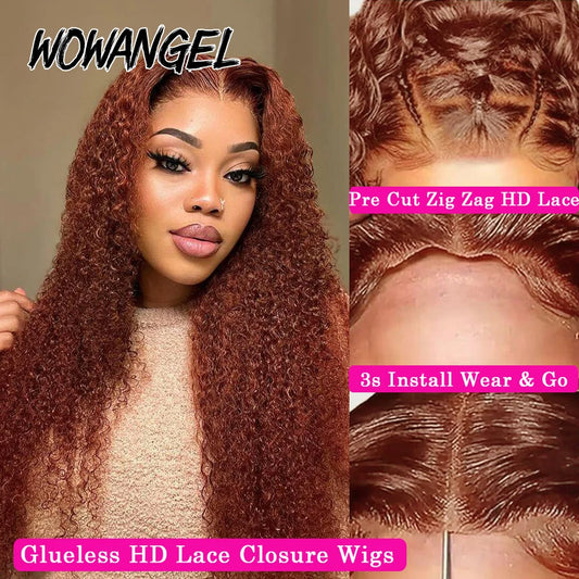 Maxy WOW ANGEL Reddish Brown Pre Cut Glueless Wig Human Hair Ready To Wear 5x5 HD Lace Closure Water Wave Curly Wigs Wear To Go