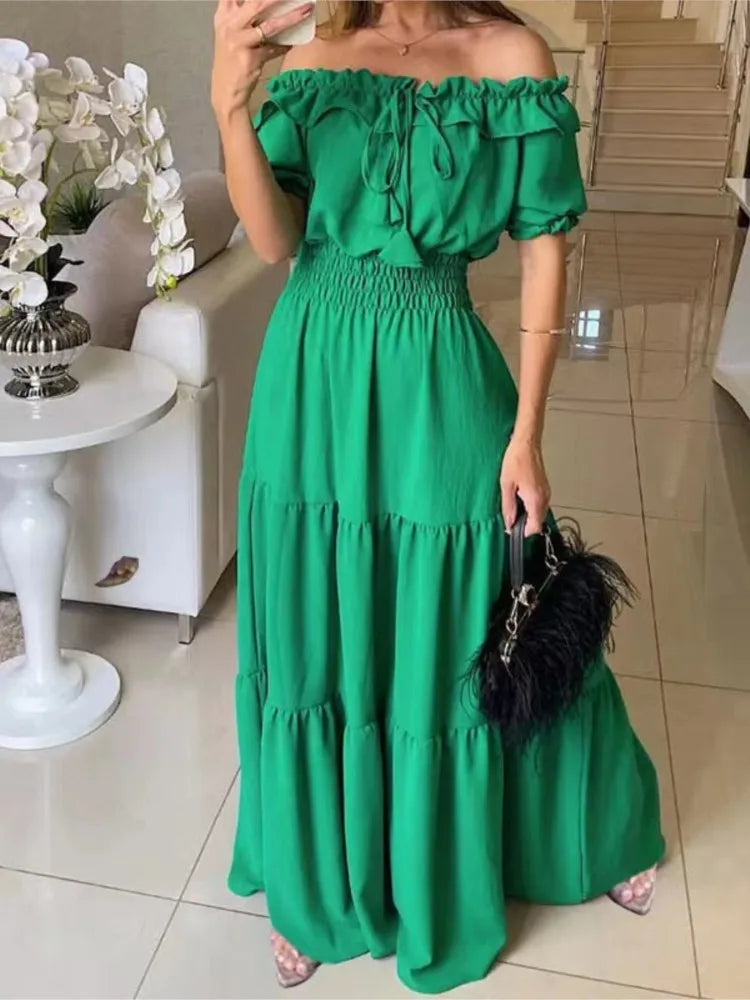 Maxy Summer Women Green Dress Fashion Elegant Short Sleeve Ruffles Maxy Casual Dresses Female Office Loose Dress