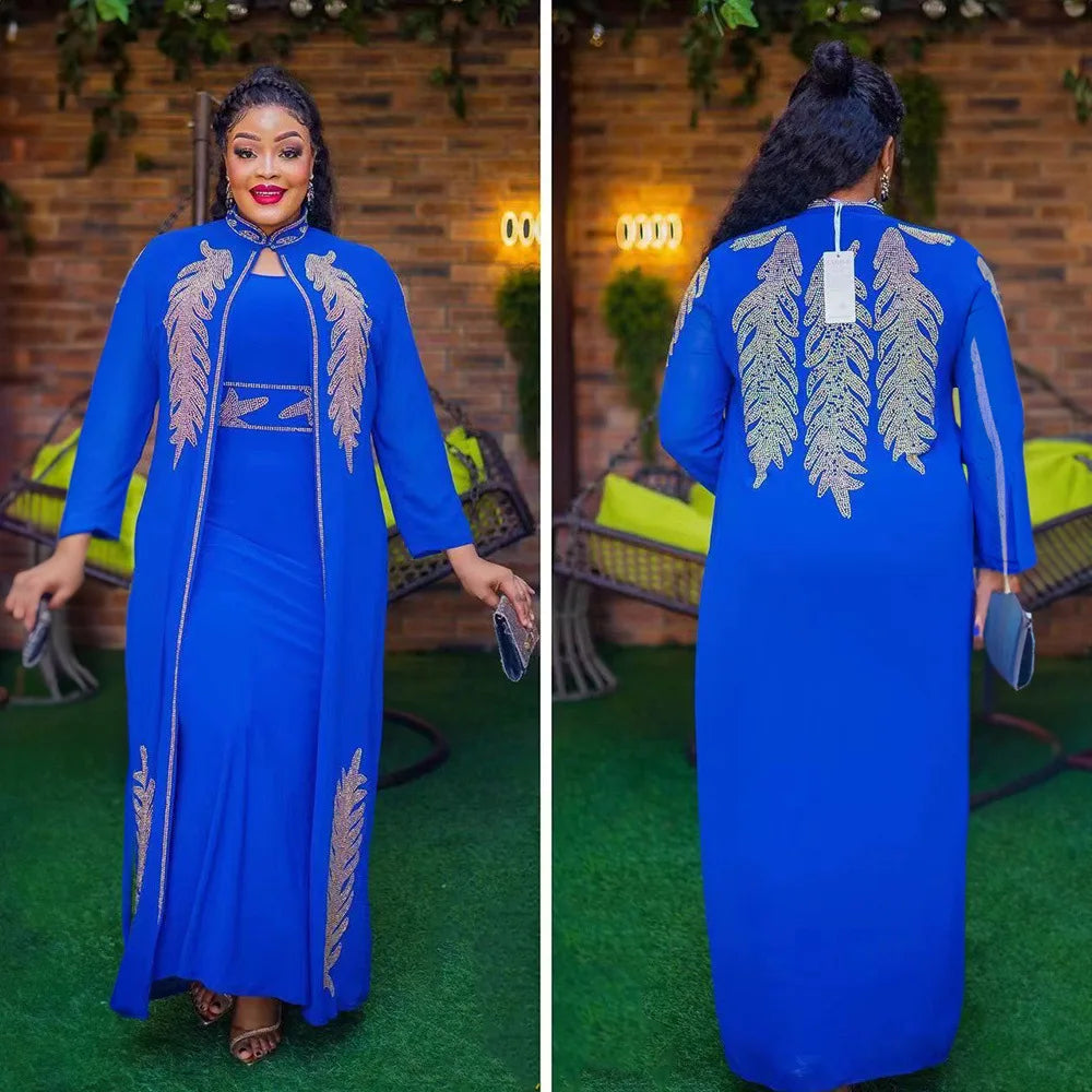 Maxy African Plus-size Dress for Women Set 2ps Women Front and Back Pressed Drill Standing Collar Robe Turkey Arab Dubai Abaya