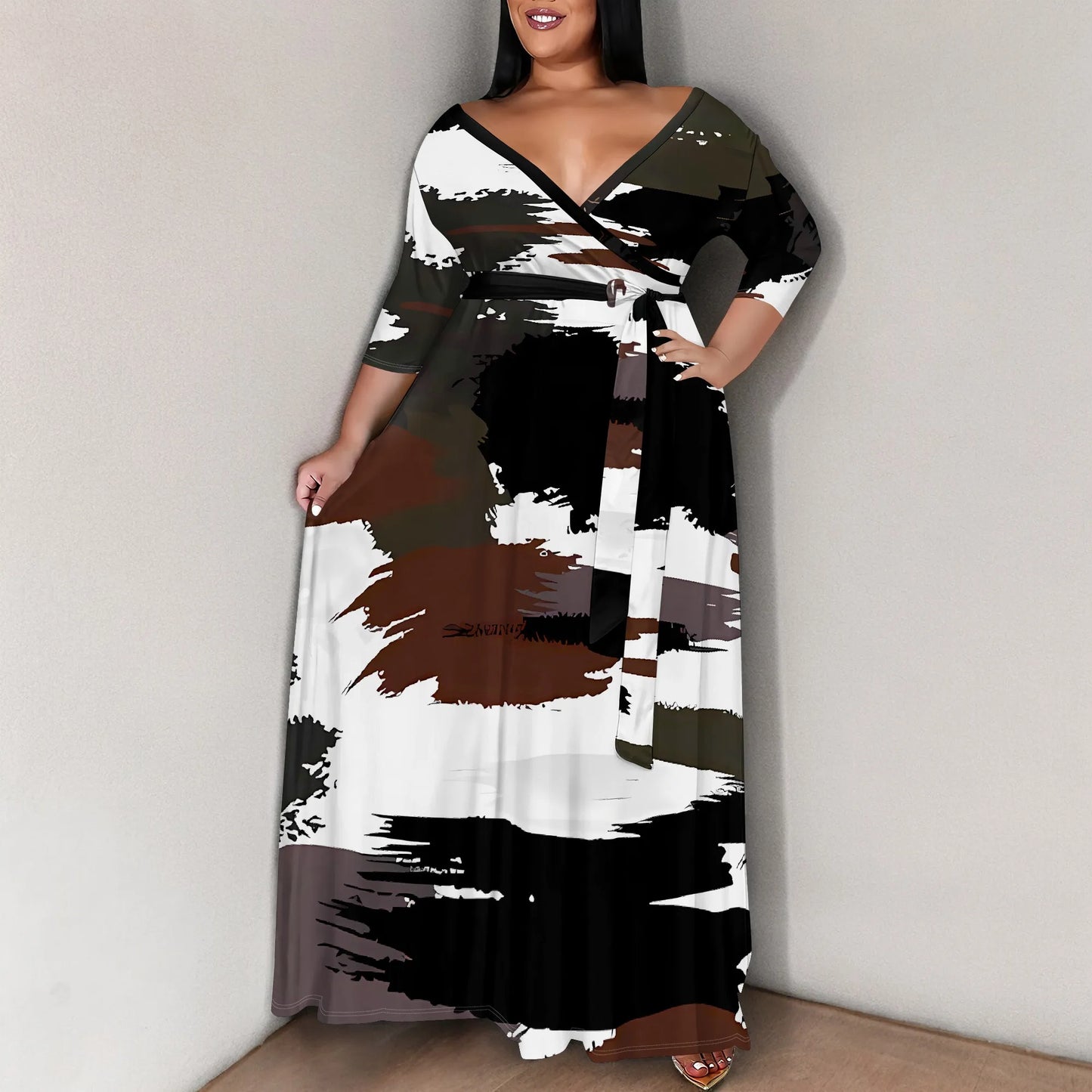 Maxy Plus Size for Women Summer Casual Floral Printing V Neck 3/4 Sleeve Maxy Floor Dress Lace Up Beach Sundress