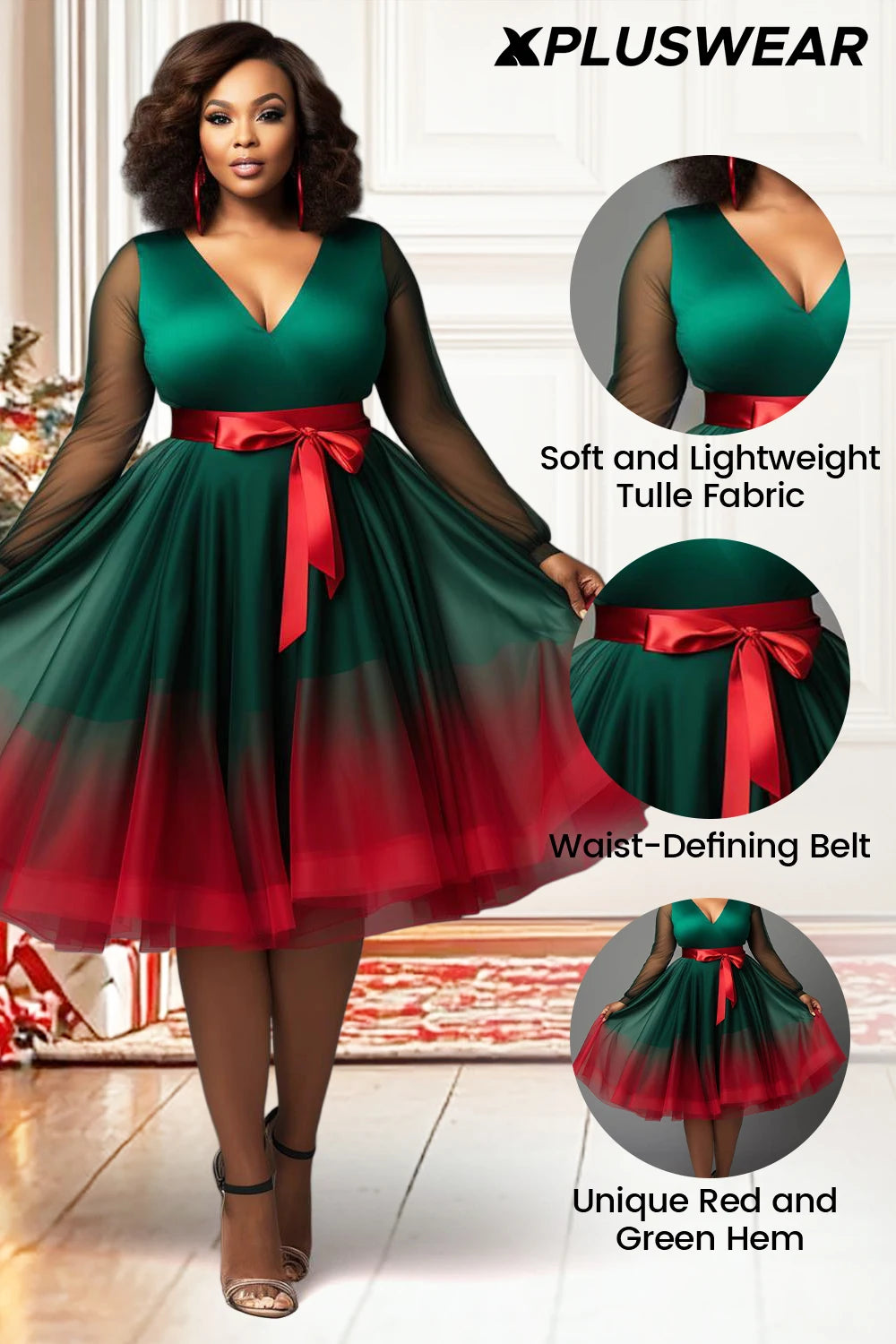 Amay Plus Size Christmas Emerald Green Gradient V Neck Lantern Sleeve Long Sleeve See Through Wrap Tulle Mini Dresses