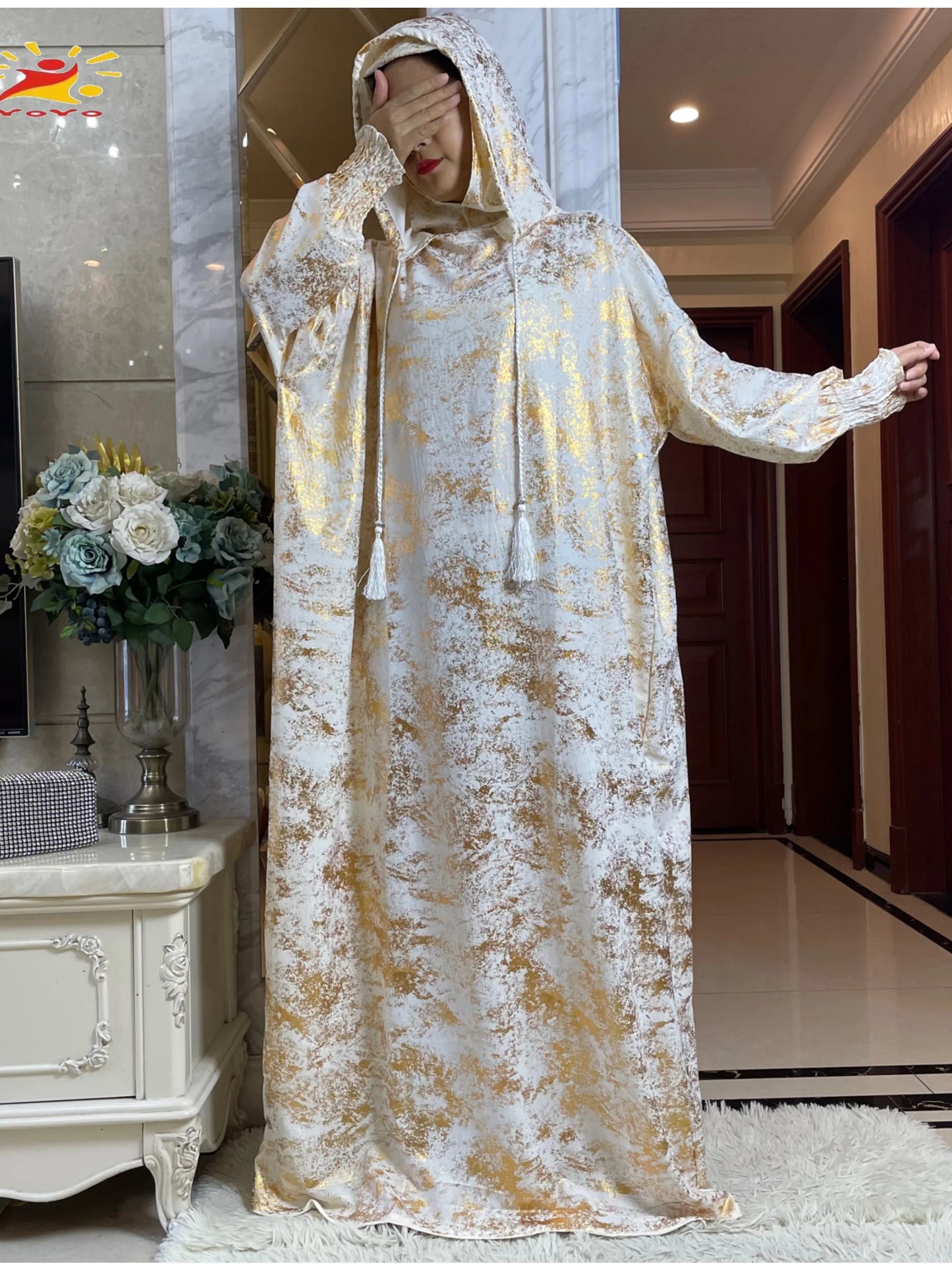 Maxy New Cotton Ramadan Muslim Two-Hat Abaya Dubai Turkey Islam Prayer Clothes Gold Dust   Dress Islam Women Dress Kaftan
