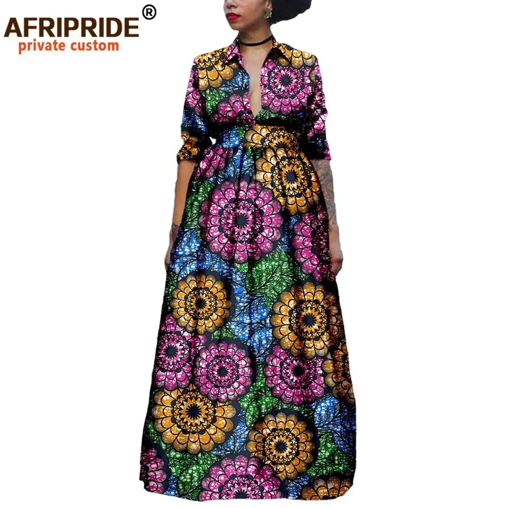 Maxy African Long Dresses for Women Half Sleeve Ankle-length Notched Collar Party Dress Print Ankara AFRIPRIDE A1825075