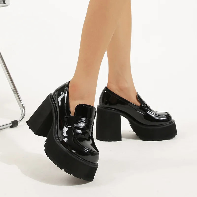 Maxy Chunky Platform Loafers Heel Patent Leather Slip on Casual Shoes Women Lady Office Shoes Japanese Lolita Black 10cm Heels Pumps