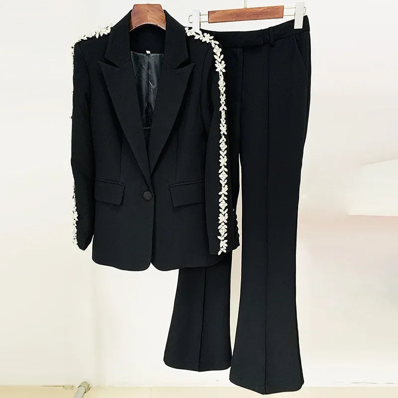 Maxy Luxury Women Formal Pants Set Black White Diamond Crystal Slim Fit Blazer Flare Pants Suit Office Lady Business Two Pieces Sets