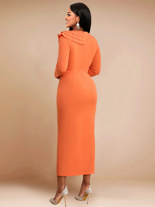 Orange Sheath Long Dresses for Women O Neck Ruffles Long Sleeve High Waist Package Hip Front Slit Office Evening Party Dress New