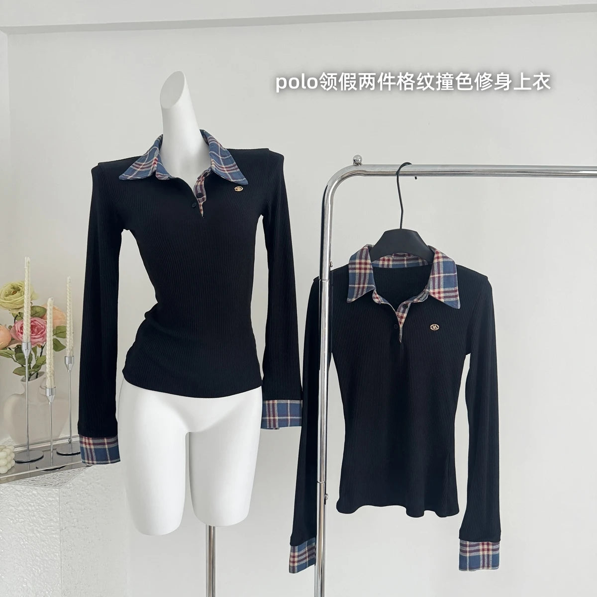 Maxy Autumn Women Old Money Vintage Y2k Fake Two Pieces T-Shirts Long Sleeve Polo Collar Tees Chic Top 2000s Aesthetic Grunge Tide