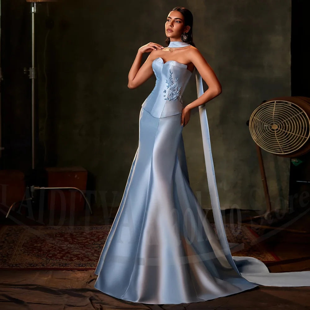 Maxy Fashion Appliques Evening Dresses Elegant Strapless Flower Prom Gowns Chic Scarf Sweep Train Mermaid Women Party Dresses