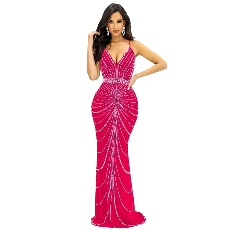 Maxy Women's Diamond Rhinestone Sleeveless V-neck Mermaid Maxi Dress Sexy Club Party Evening Gown Trumpet Style