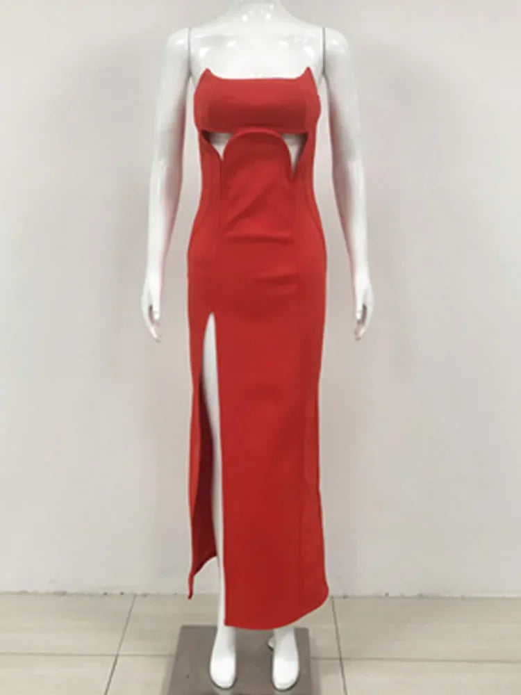 Women Red Runway Fashion Party Dress Strapless Cut Out Split Ankle Length Celebrity Evening Club Gowns One Piece Gala Dresses