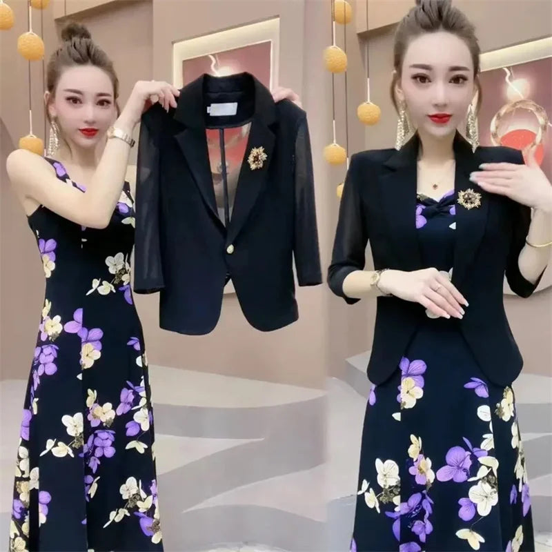Maxy Popular High-End Brooch Blazer Slip Dress Suit Jacket Women's Summer Fashion Blazer Suit Skirt Two-Piece Set Sling Print Dress