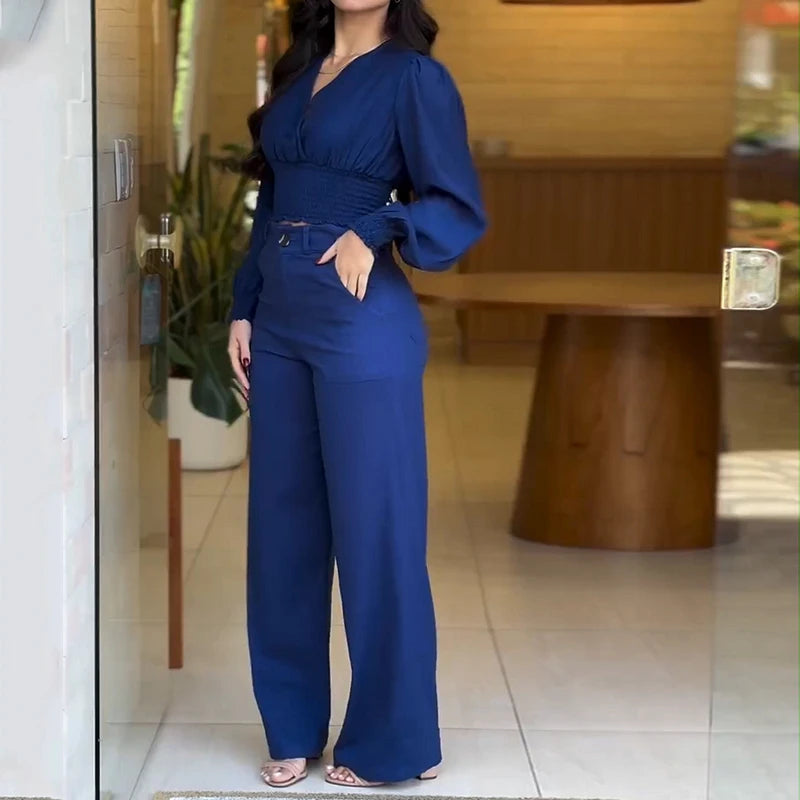Maxy Women Two Piece Set Summer Casual Solid V Neck Long Sleeve Pleated Nipped Waist Top Loose With Wide Legs Pants Sets