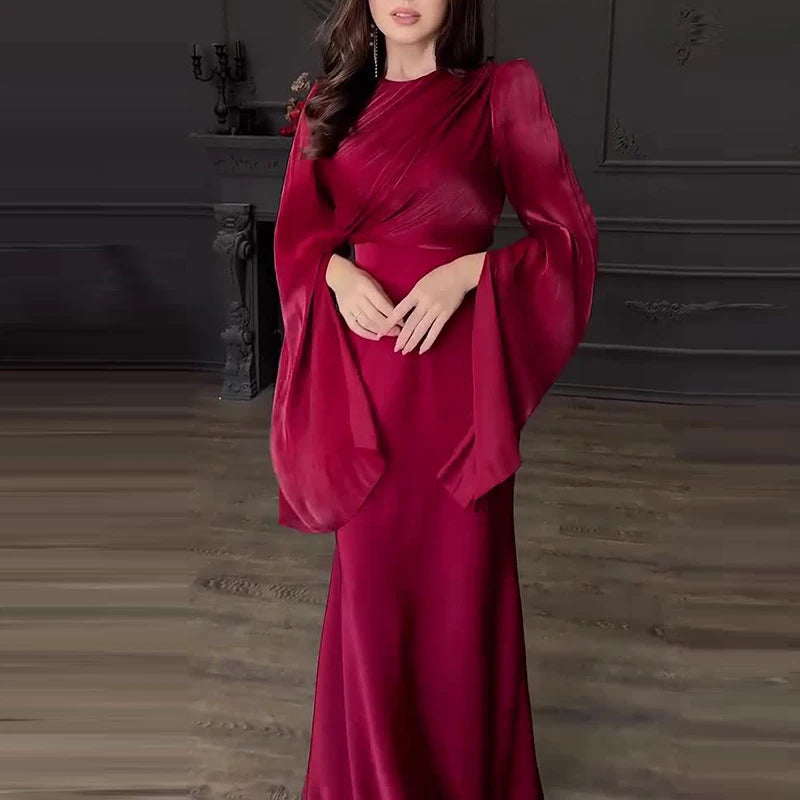 Maxy Vintage High Waisted Women Satin Long Dress New Ladies Temperament Crew Collar Dresses Elegant Slim Long Sleeve Banquet Dresses