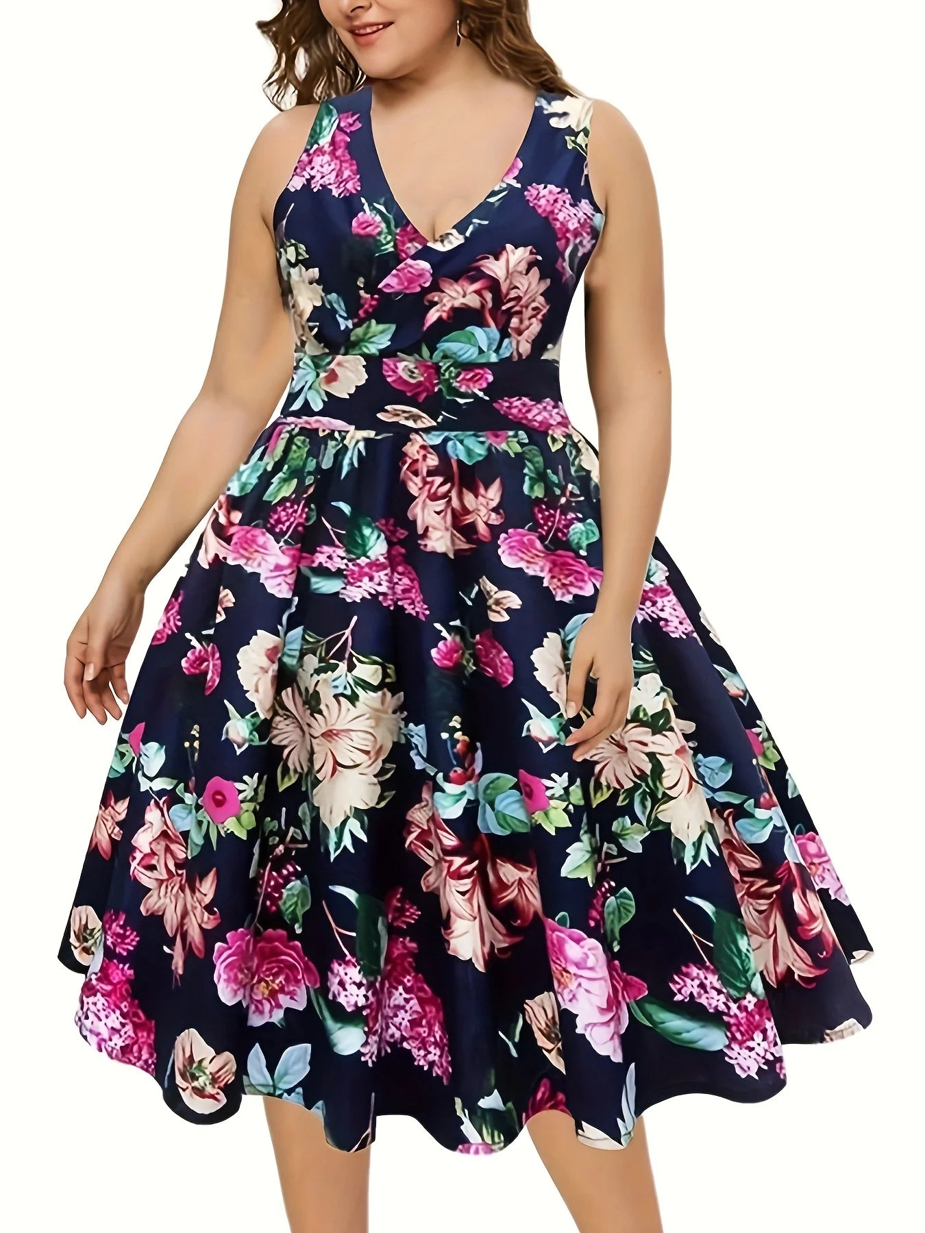 Maxy Plus-size floral print waist dress elegant sleeveless V-neck dress suitable for spring and summer party travel dating
