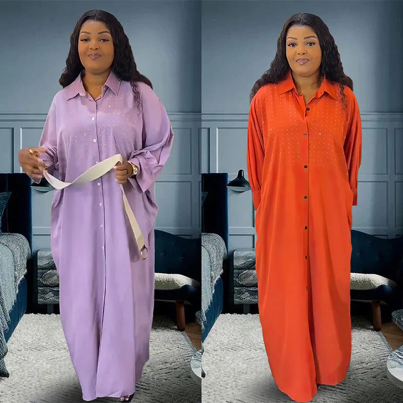 Amay Dress Women's Long Shirt Loose Robe Casual Nigeria Africa Clothes Hot Diamond Muslim Maxy Long Sleeve Dress Abaya Femme