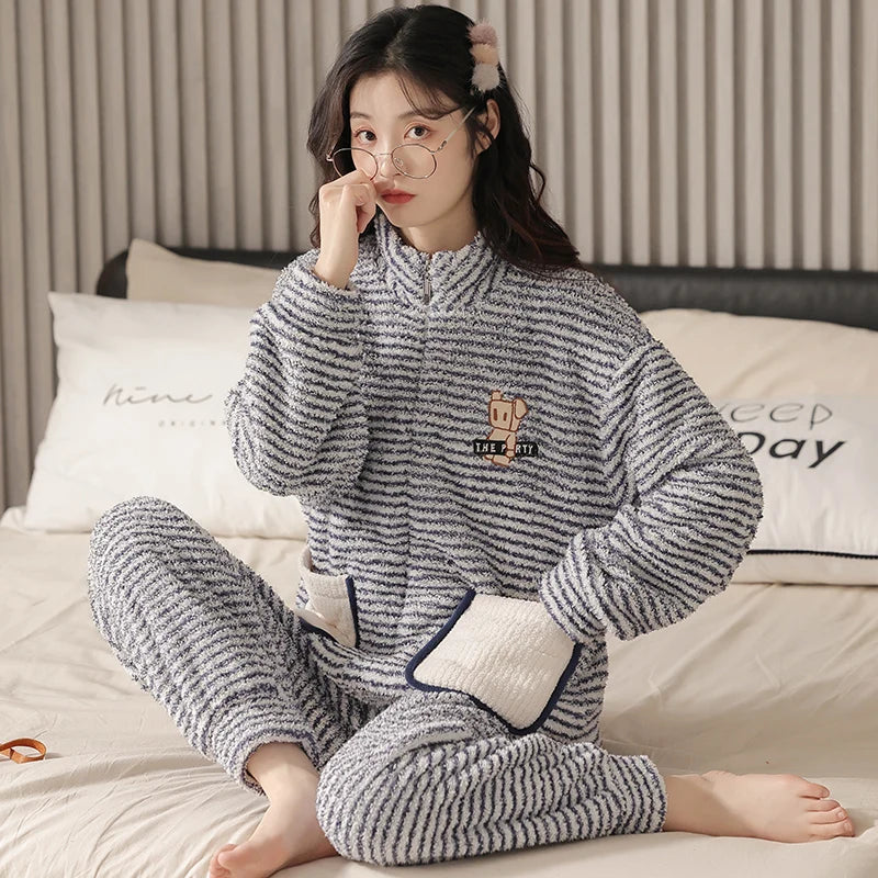 Maxy Newest Couple Pajamas Set Flannel Sleepwear Women Men Warm Fleece Pijama Winter Lovers Kimono Home Clothes