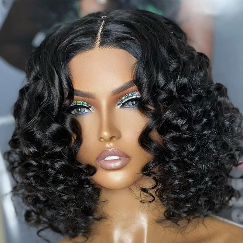 Amay Soft Glueless 180Density Short Cut Bob Natural Black Curly Deep Wave Lace Front Wig For Women With Baby Hair Preplucked Daily