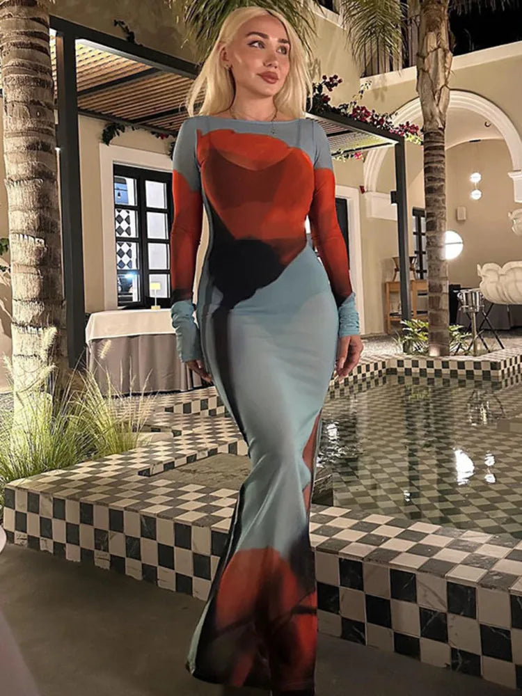 Maxy Women Mesh Side Split Long sleeve Dress Chic See Through Print Floral See Through Maxy Dress Ladies Beach Holiday Robe