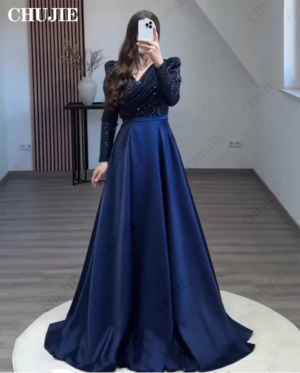 Maxy Customized Pleated Prom Dress Elegant Long Sleeve V-neck Glitter Navy Women Evening Dress A-line Formal Prom Party Gown Vestdos