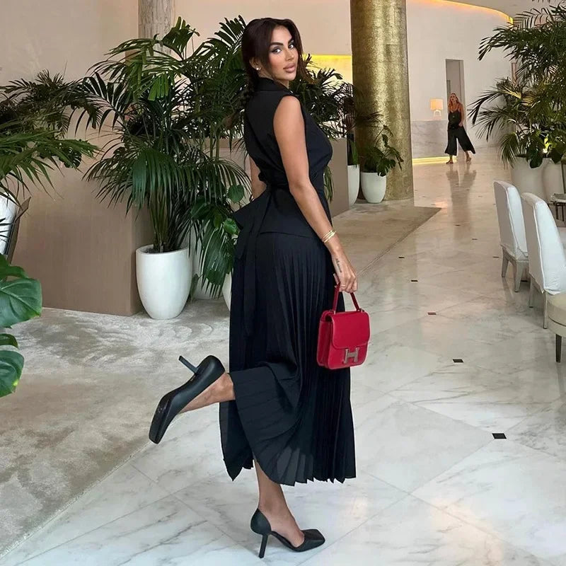 Maxy Two Piece Skirt Sets Casual Outfits Women Double Breasted Blazer Top + Pleated Long Skirts Suit Female Vocation Clothes