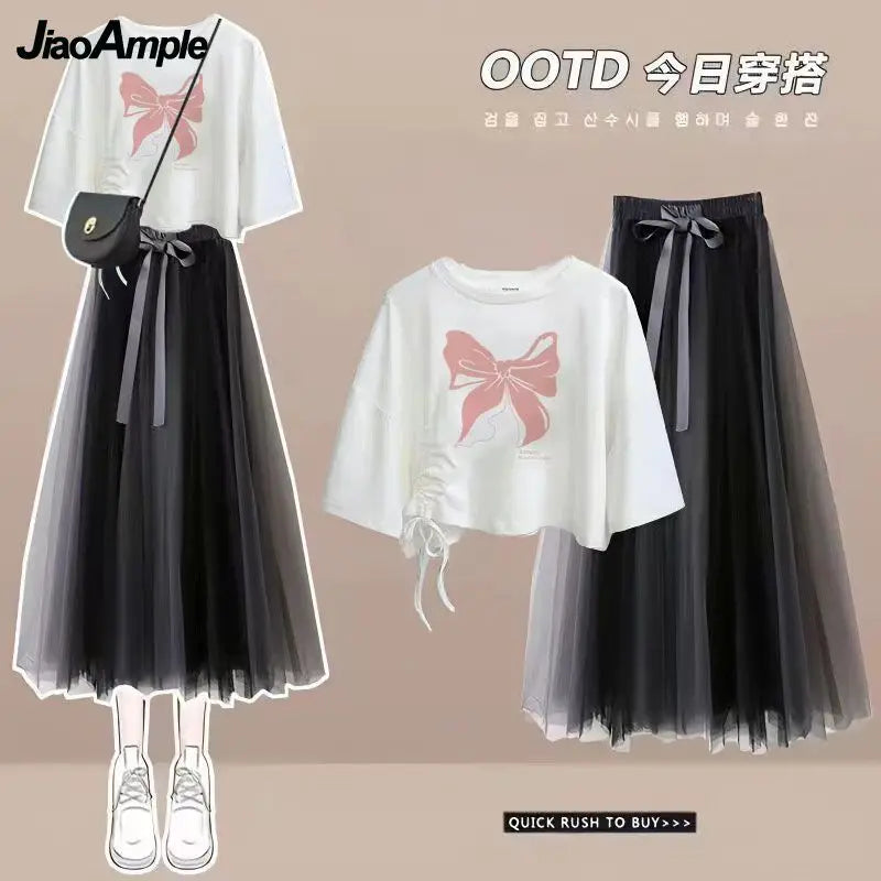 Maxy Summer New Korean Elegant Cute Short Sleeved T-shirt+Mesh Midi Skirt Two Piece Suit Women's Loose Top Dress Matching Set