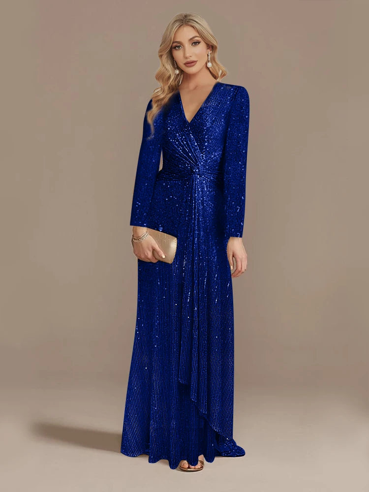 Maxy Luxury Long Sleeve V-Neck Evening Dress Wedding Party Sequins For Women Female Guests Red Prom Cocktail Dresses