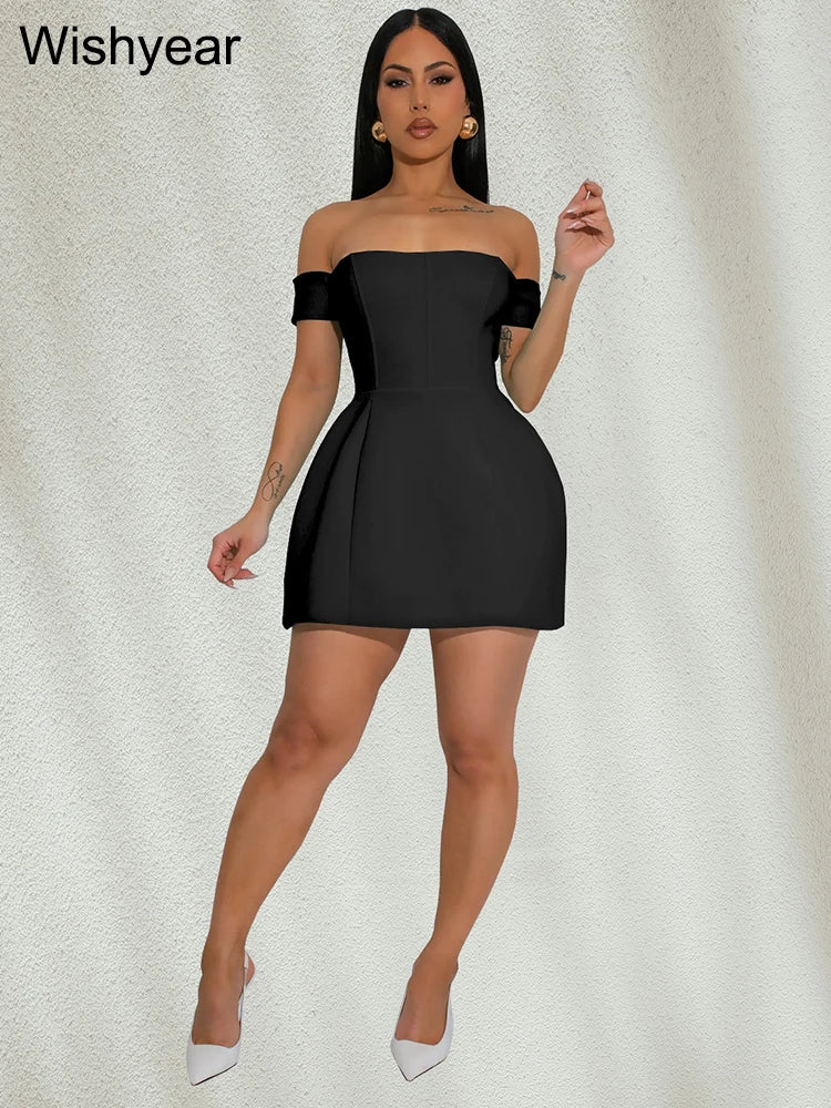 Maxy Wish year Solid Off Shoulder Backless Sleeveless A-Line Mini Dresses Elegant Sexy Bodycon Evening Party Birthday Prom