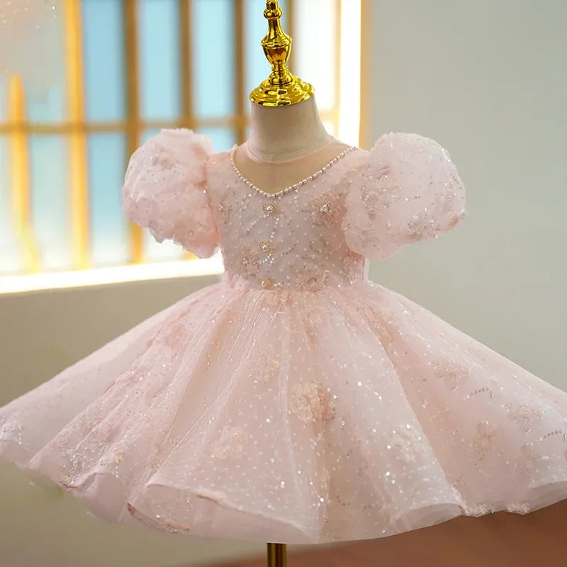Maxy Bridesmaid Dresses for Kid Girls Children Princess Beading Sequined Ball Gowns Infant Pink Evening Dress Toddlers Vestidos