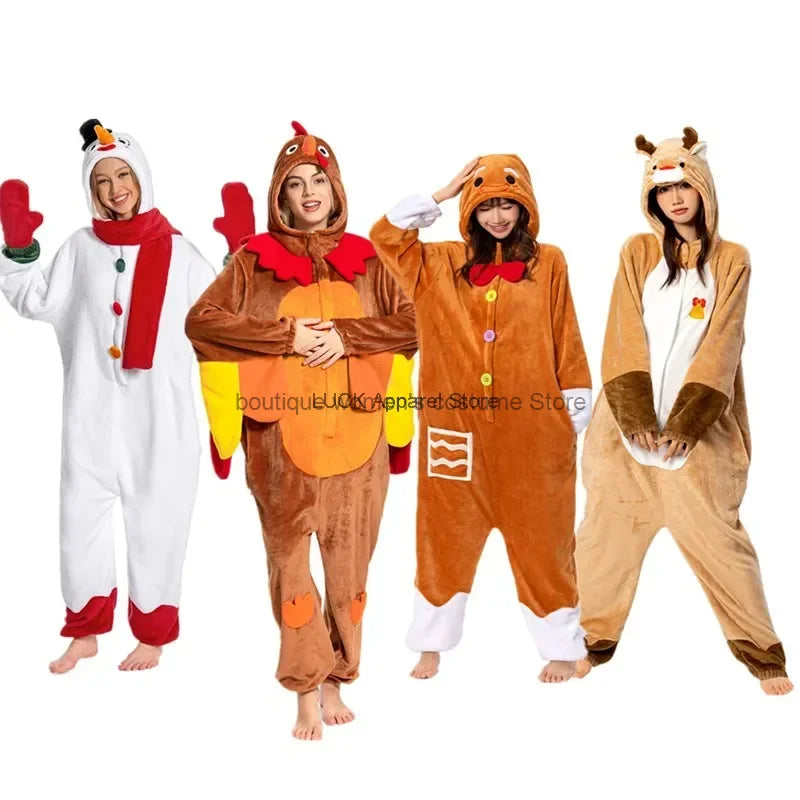 Maxy Christmas Cosplay Adult Cartoon Turkey Pajamas Reindeer Snowman Flannel Sleepwear Jumpsuit Costume Halloween Carnival Party Suit