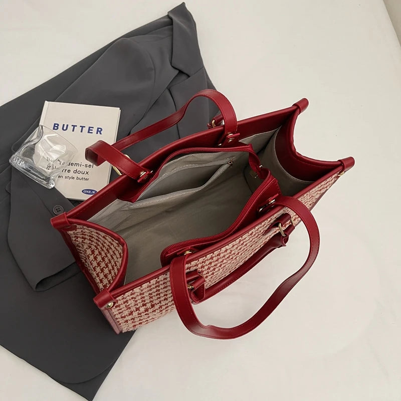 Maxy Red Love Heart Handbag For Women Large Capacity Cloth Travel Bag Fashion Hand Bag Retro Houndstooth Female Portable Tote Bag