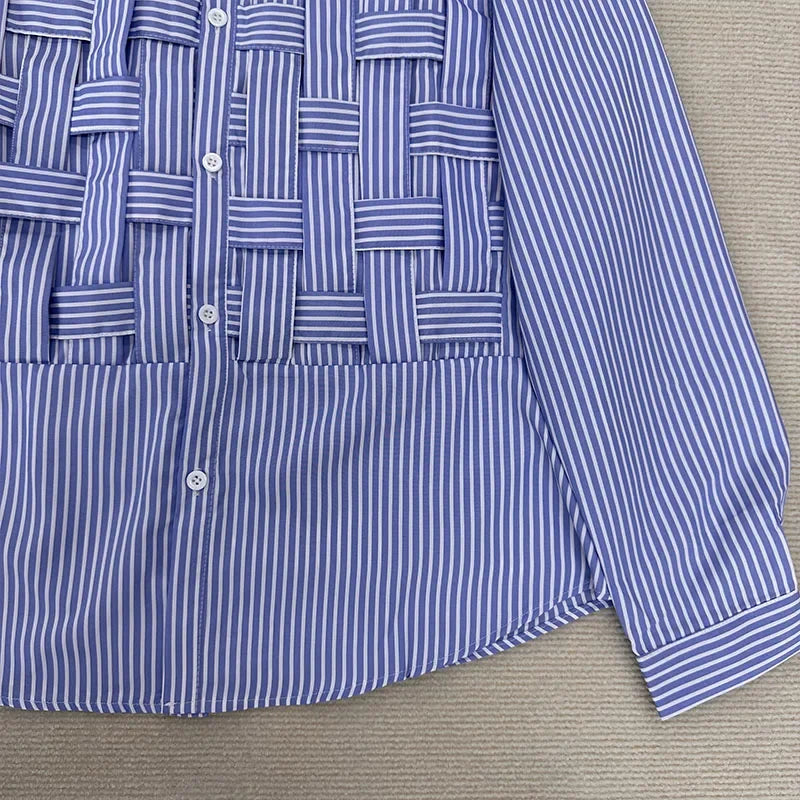Maxy Women Plus Size Shirt Long Sleeve Blue Hollow Out Polo Collar Blouse Loose Fashion Patchwork Female Shirts Chic Top New