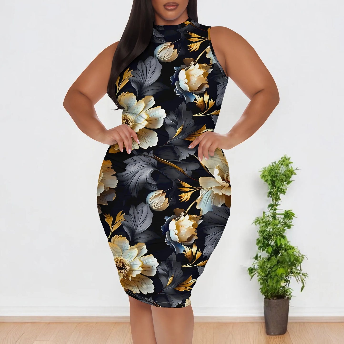 Maxy Plus Size Sleeveless Black Floral Print Bodycon Dress for Women Elegant Evening Party Fall Thanksgiving Outfit