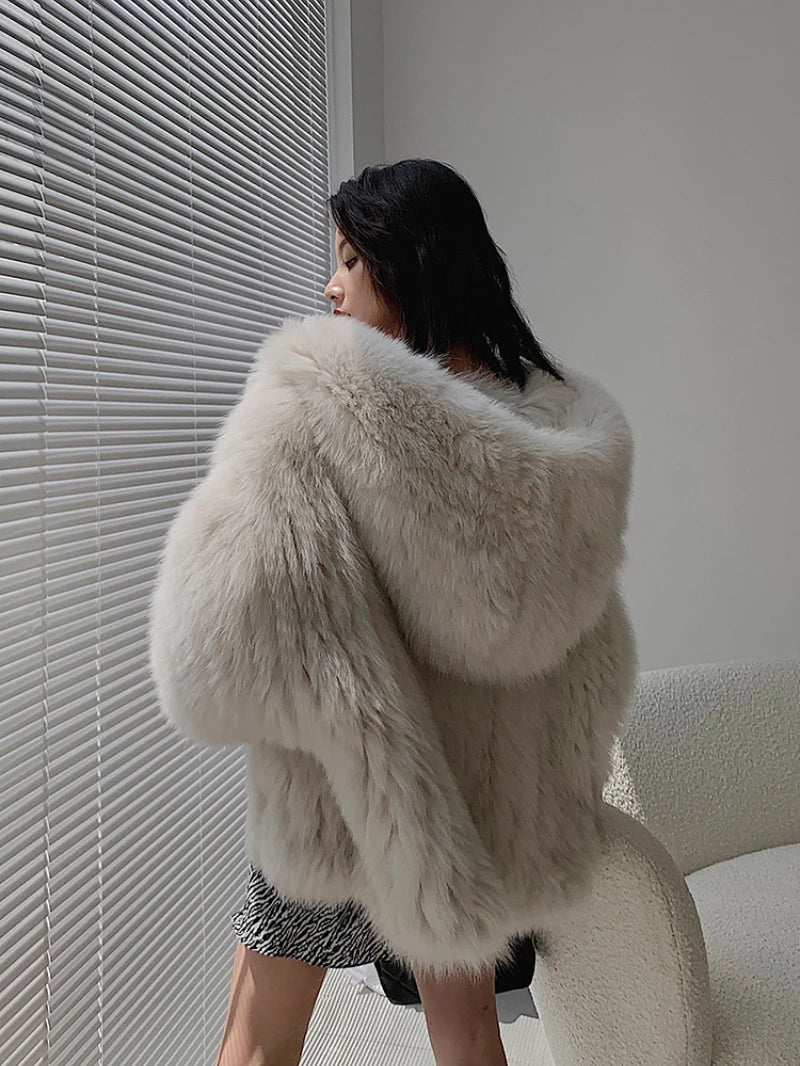 Maxy White Fox Fur Coats Women Winter Fashion Warm Faux Fur Coats Hooded Long Sleeves Sweet Lady Design