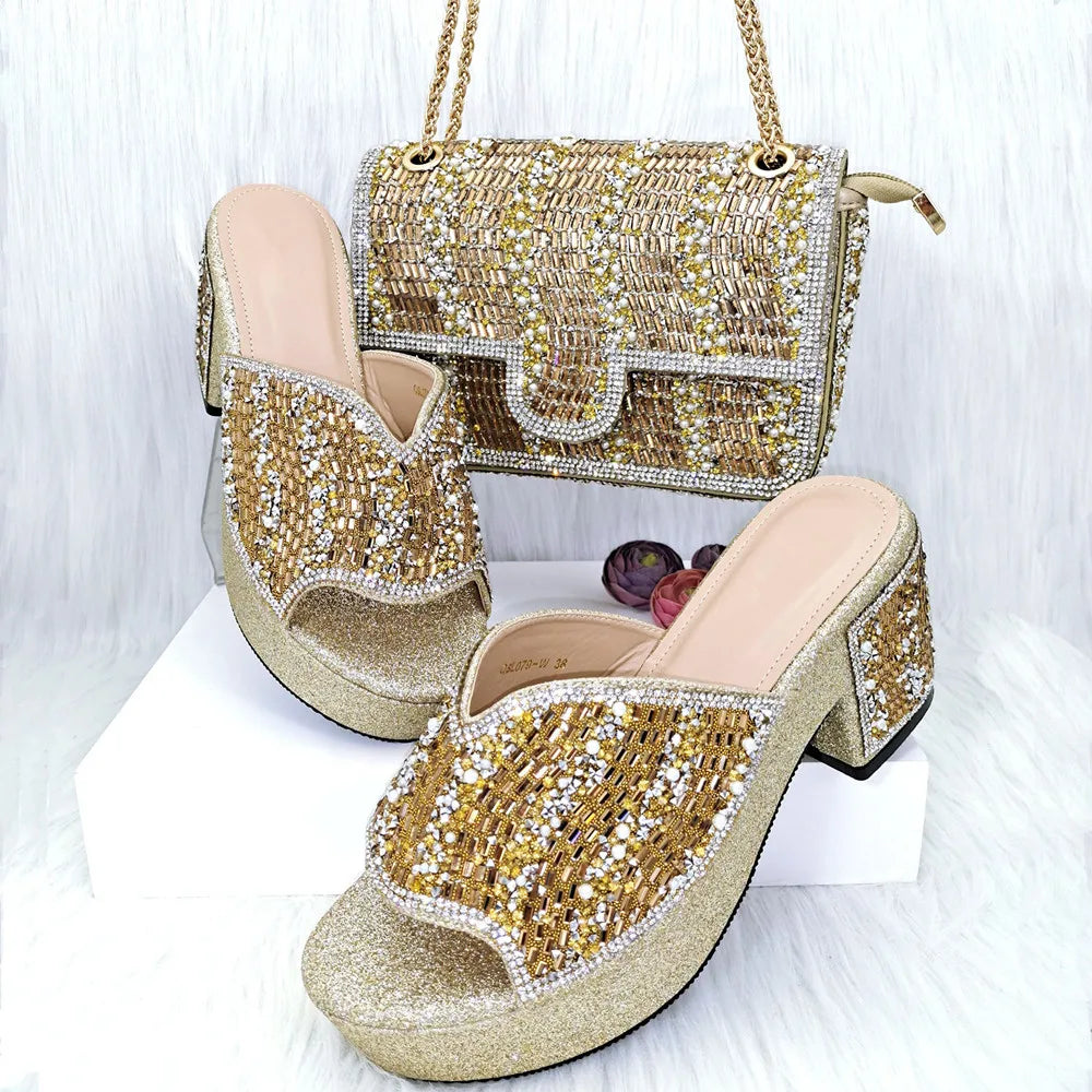 Maxy Design Summer Rhinestone Woman Shoes and Purse Set for Party African Elegant Pumps Slipper And Bag Matching Set