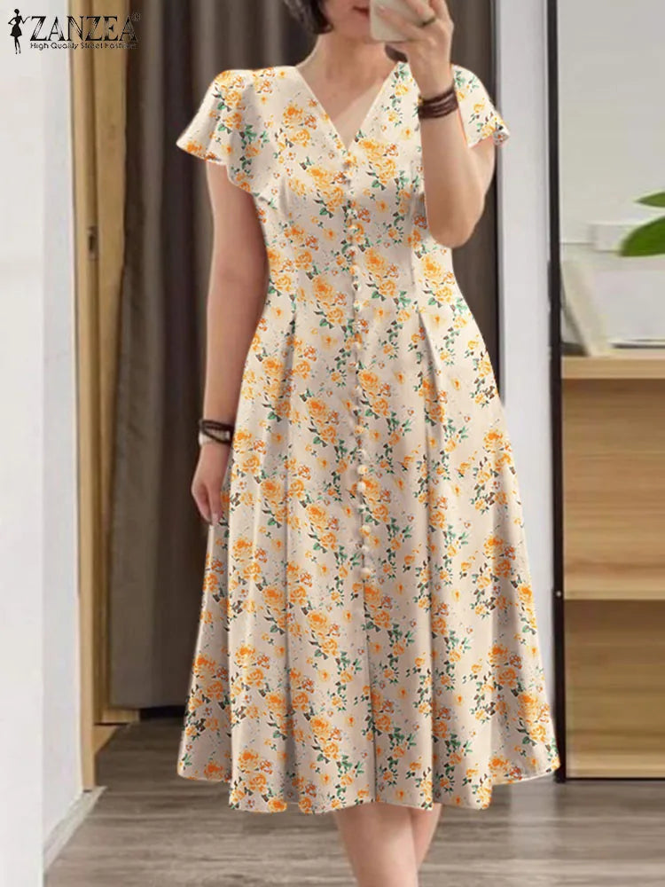 Amay Elegant Floral Dress ZANZEA Women Summer Short Sleeve Party Sundress Robe Femme Causal Holiday Vestidos Bohemain Printed Dresses