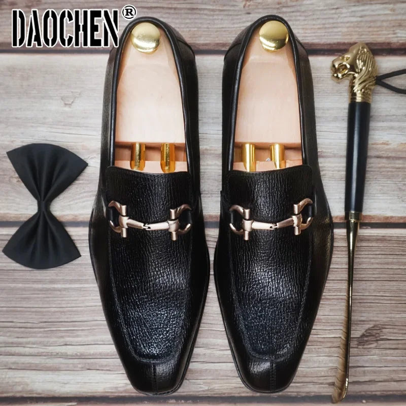 Maxy Luxury Men Leather Shoes Black White Horsebit Loafers Slip on Formal Men Dress Shoes Wedding Office Casual Shoes For Men