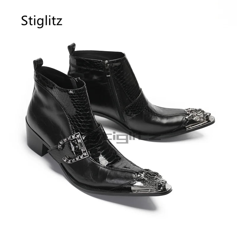 Visco Rhinestone Buckle High Heels Men's Boots Black Genuine Leather Metal Pointed Toe Side Zipper Business Ankle Boots Male Shoes